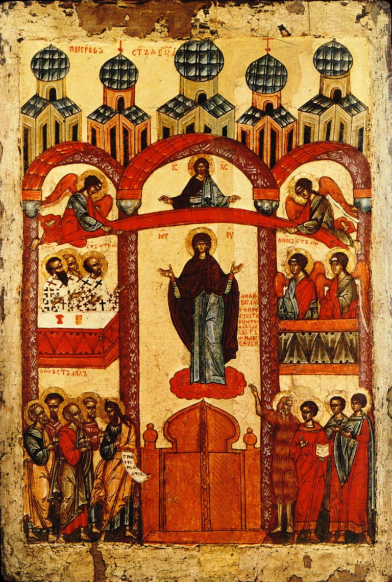 Icoana Acoperământului Maicii Domnului, școala de la Novgorod (sec. XV), Galeria Tretiakov