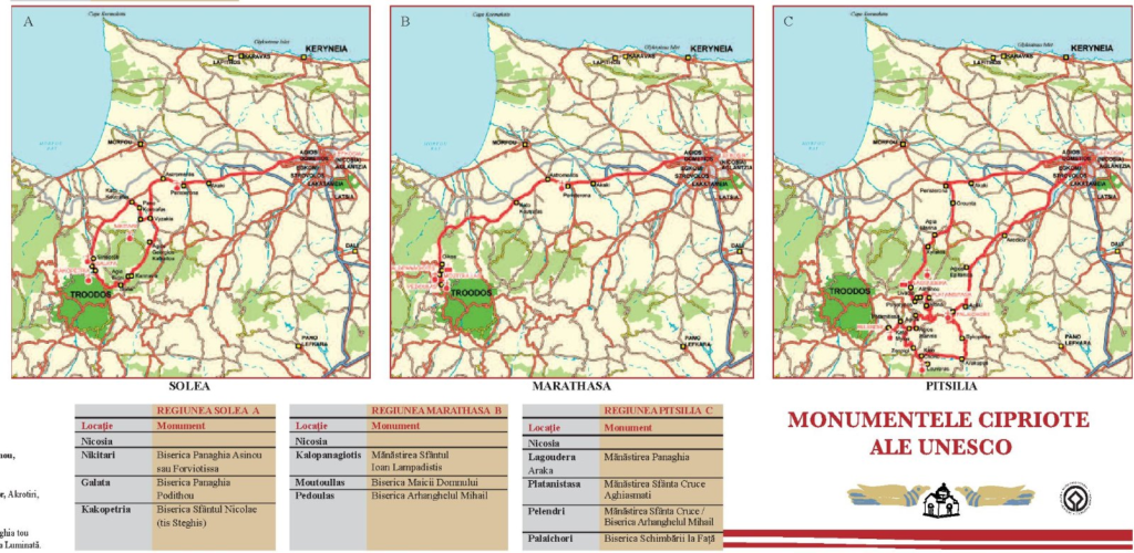 Harta tematică „Monumentele cipriote ale UNESCO”: bisericile pictate din regiunile Solea, Marathasa și Pitsilia