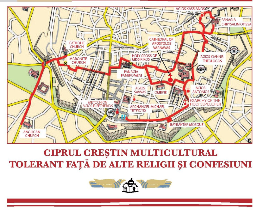 Itinerarul pe jos prin Nicosia veche, din harta „Ciprul creștin multicultural, tolerant față de alte religii și confesiuni”